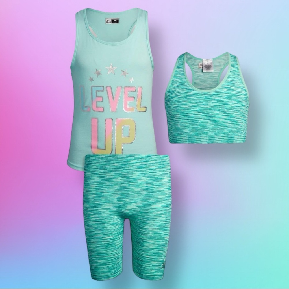 👚2/$10👗3/$12 RBX Mint Green Level Up 3 Piece Shorts Tank Sports Bra Set S (4)